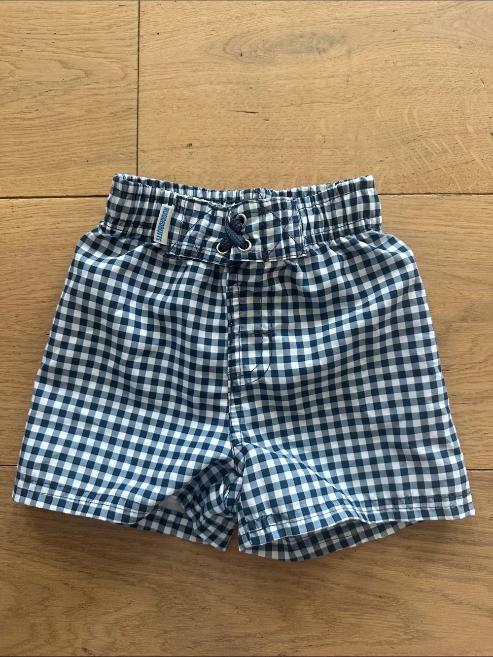Baby Blue Gingham Swim Trunks with Drawstring Waist